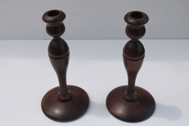 vintage wood candlesticks pair, tall shapely dark polished wood candle holders