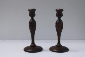 vintage wood candlesticks pair, tall shapely dark polished wood candle holders