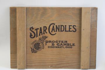 vintage wood crate lid advertising P_G Proctor Gamble Star Candles, primitive decor sign board