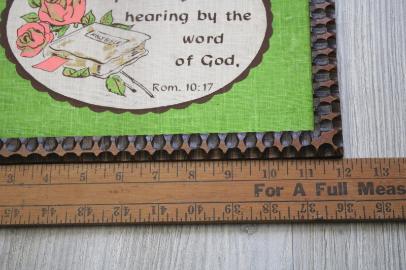 vintage wood frame inspirational print Romans 10 17 Faith Cometh green  pink linen motto