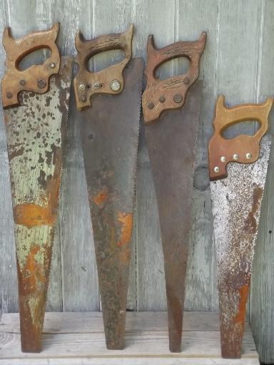 vintage wood hand saws, old Superior handsaw lot of primitive hand tools