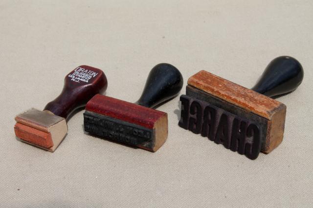 vintage wood handle desk stamps, old rubber stamp lot for business office / address stamps
