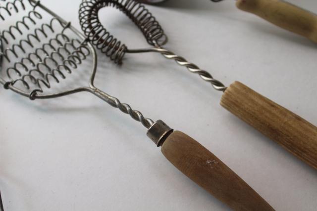vintage wood handle kitchen baking tools tiny sifter, spoon egg beater whisk whips