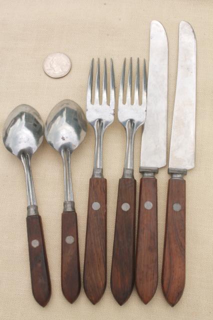 vintage wood handled flatware, picnic basket silverware spoons, forks, knives