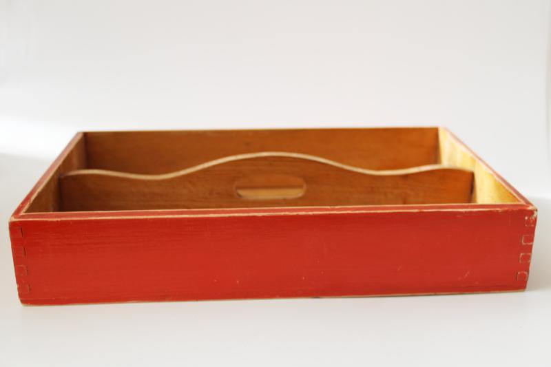 vintage wood knife box or flatware tray w/ tote handle, original old red paint 