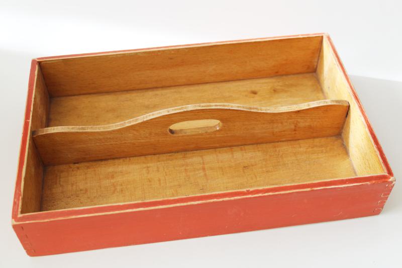 vintage wood knife box or flatware tray w/ tote handle, original old red paint 