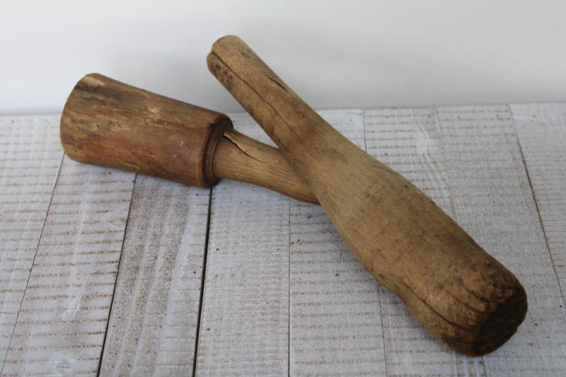 vintage wood mashers, large pestles or crock tampers, rustic primitive kitchen tools