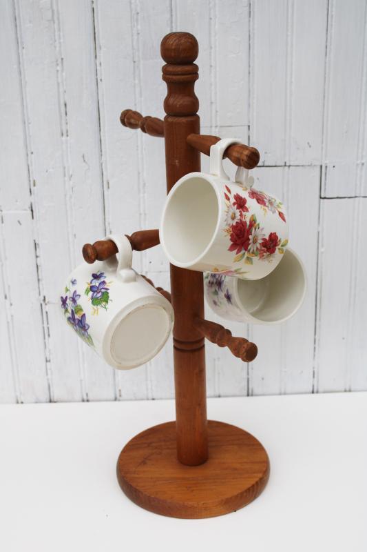 vintage wood mug tree, counter top stand peg rack coffee cup storage & display