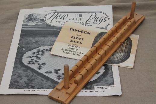 vintage wood pom-pon loom, Lily brand rug maker tool w/ instruction leaflet for fluff rugs