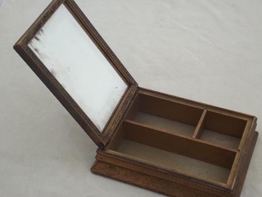 vintage wood portable vanity, mirror stand jewelry box with cottage garden print