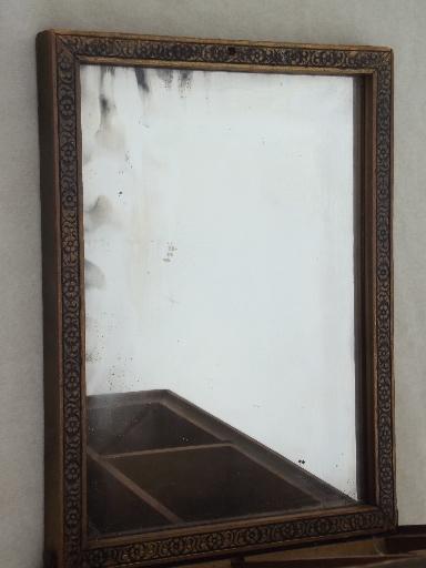 vintage wood portable vanity, mirror stand jewelry box with cottage garden print