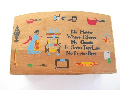 vintage wood recipe card box, painted kitchen motto, roll top accordian lid