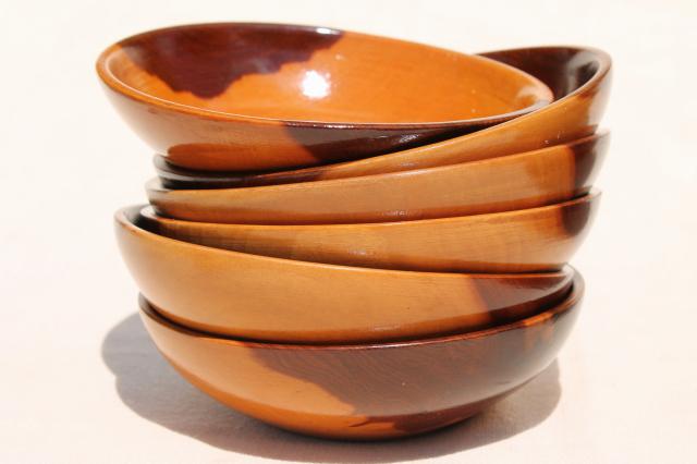 vintage wood salad bowl set, glossy varnished cedar fatwood bowls, rustic modern