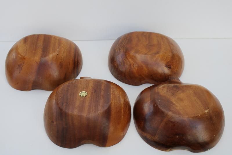 vintage wood salad bowls, apple shape carved wooden bowls monkey pod or acacia wood