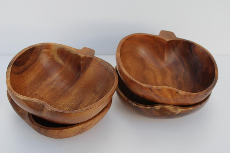 vintage wood salad bowls, apple shape carved wooden bowls monkey pod or acacia wood