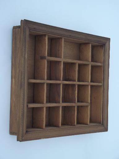 vintage wood shadowbox frame, type case style miniature display shelves