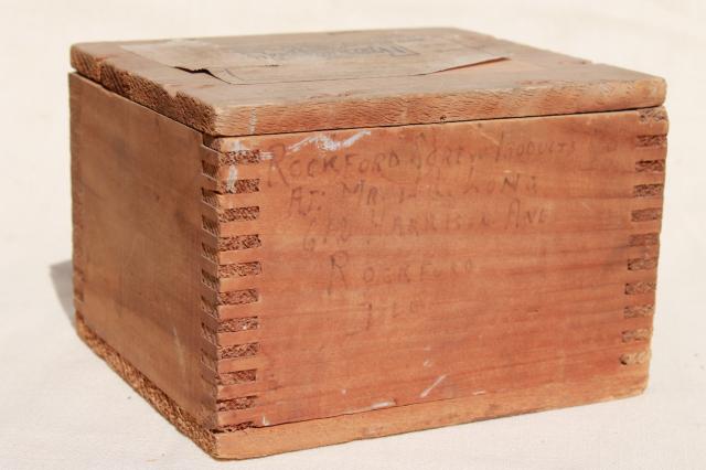 vintage wood shipping crate w/ machinery advertising graphics, rustic file box size storage