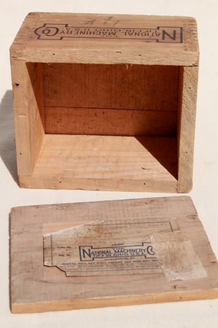 vintage wood shipping crate w/ machinery advertising graphics, rustic file box size storage