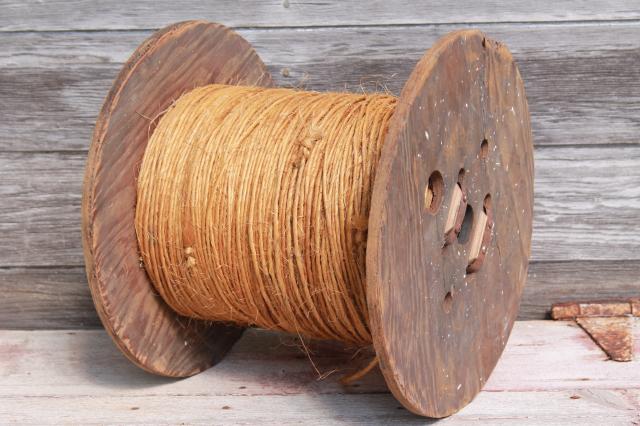 vintage wood spool of rope, rustic farm primitive natural sisal hay bale twine