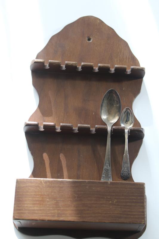 vintage wood wall mount spoon holder, rustic pine rack for collectible spoons
