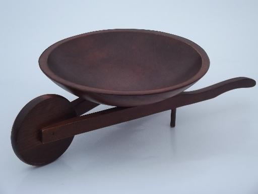 vintage wood wheelbarrow, wooden bowl for nuts, garden flowers or leaves