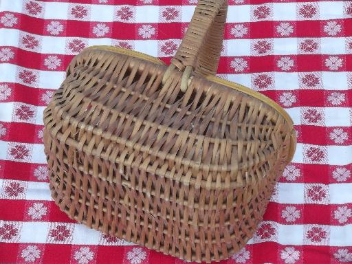vintage wood wicker picnic hamper, basket w/ handles toy doll child size