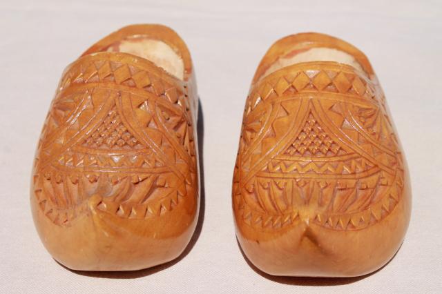 vintage wooden shoes, dutch klompen wood clogs w/ hand carved chip carving
