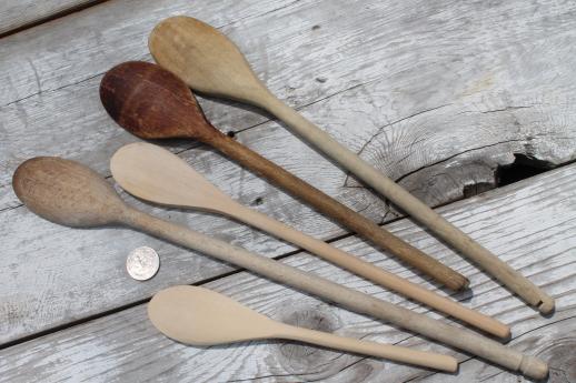 vintage wooden spoons & wood kitchen utensils, old kitchen woodenware lot