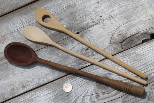 vintage wooden spoons & wood kitchen utensils, old kitchen woodenware lot
