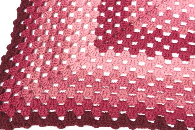 vintage wool afghan blanket, giant crochet granny square in old rose pink, burgundy wine
