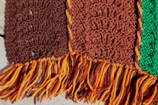 vintage wool afghan, handmade knitted lace blanket in fall colored wool yarn