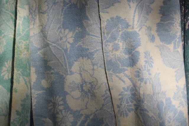 vintage wool blanket cutter fabric, reversible all over tapestry floral poppies green & blue