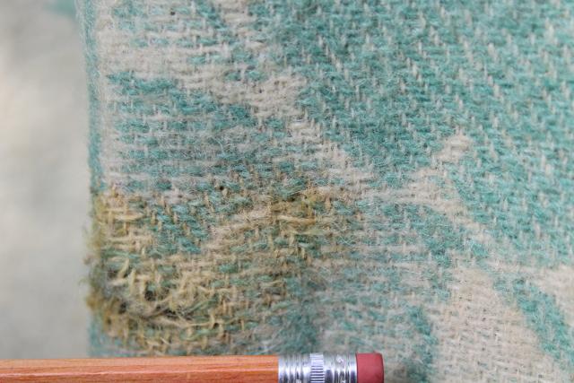 vintage wool blanket cutter fabric, reversible all over tapestry floral poppies green & blue