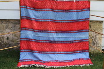 vintage wool blanket, fringed throw woven red white blue camp blanket