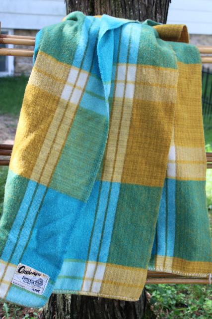 vintage wool camp blanket aqua blue & mustard yellow plaid, Onehunga New Zealand label