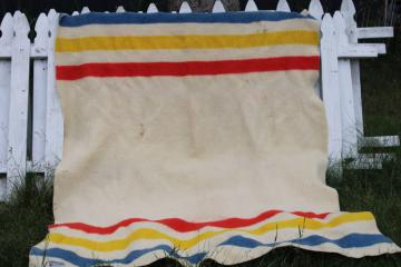 vintage wool camp blanket, red blue yellow striped Hudson Bay blanket style