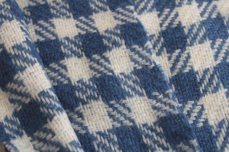 vintage wool fabric, blue & cream houndstooth tweed material for