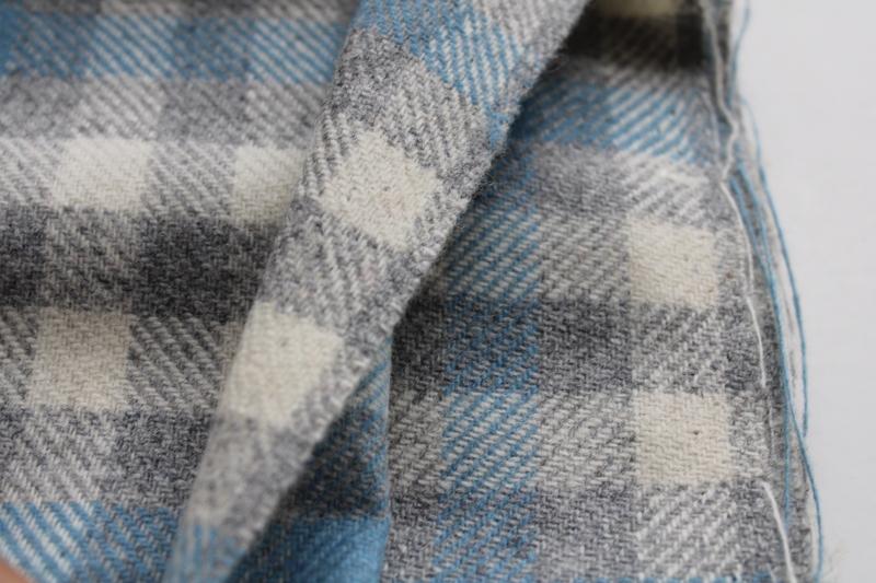 vintage wool fabric for sewing or crafts, plaid in pale grey, light blue, cream