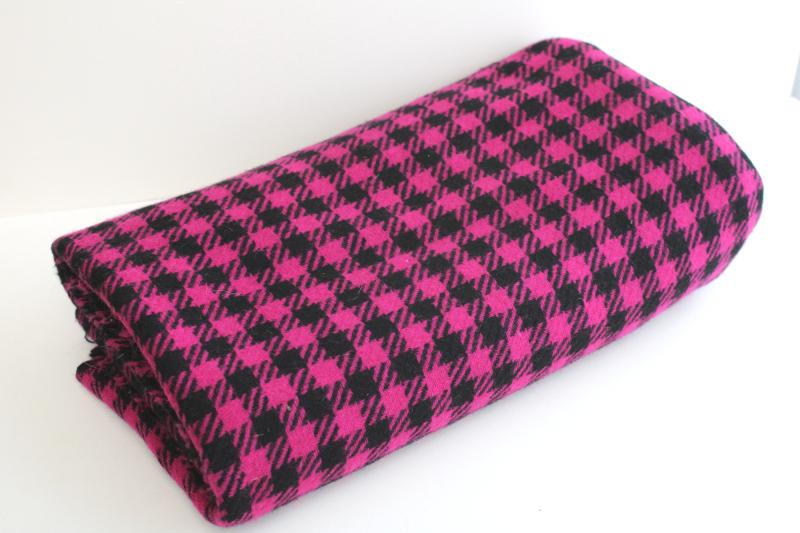 vintage wool fabric, large scale houndstooth weave in magenta pink & black