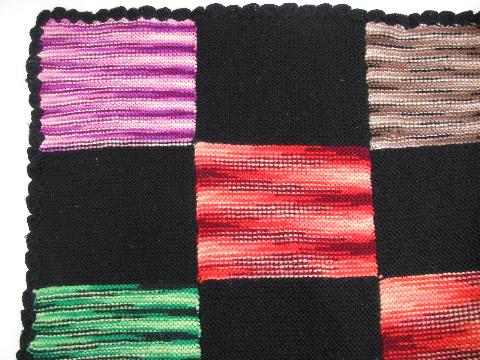 vintage wool lap blanket, knitted blocks in black w/ brights