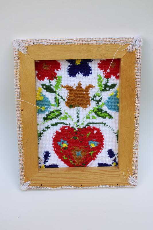 vintage wool needlepoint picture, bright folk art heart flowers on wood stretcher frame