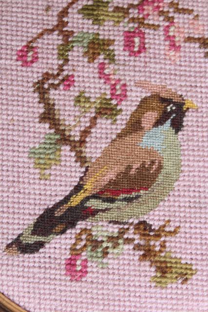vintage wool needlepoint pictures, framed embroidery birds on blush pink in round wood frames