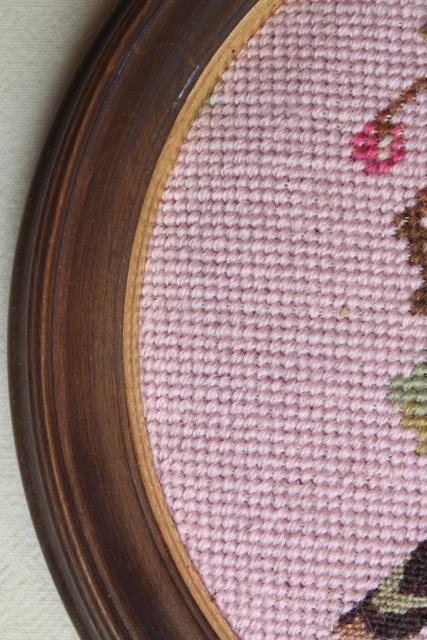 vintage wool needlepoint pictures, framed embroidery birds on blush pink in round wood frames