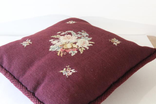 vintage wool needlepoint tapestry cushion, burgundy wine floral throw pillow feather filled