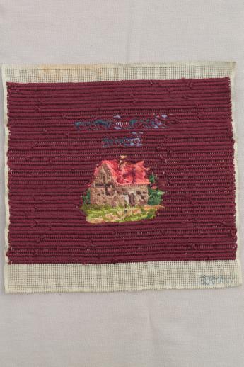 vintage wool petit point needlepoint Home Sweet Home motto picture w/ cottage