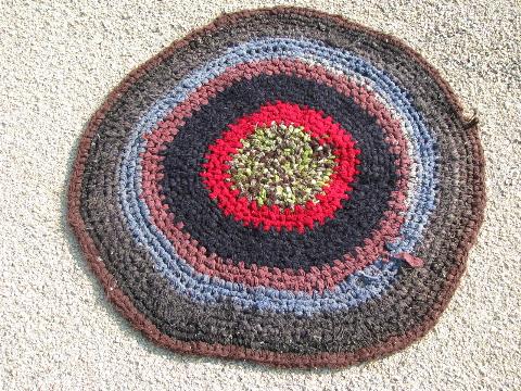 vintage wool rag rug, old crochet round throw rug, rich dark colors