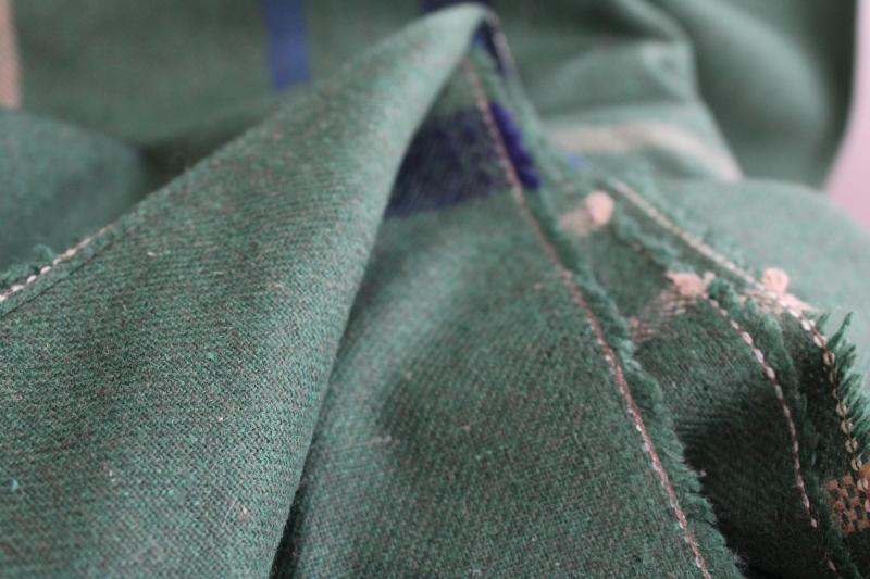 vintage wool / rayon blend fabric, preppy plaid green w/ blue, navy, cream