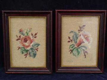 vintage wool roses needlpeoints in old wood frames