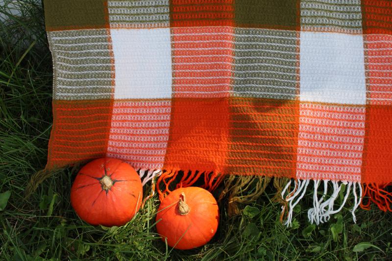 vintage wool throw blanket, fringed woven checked squares in brown & pumpkin orange