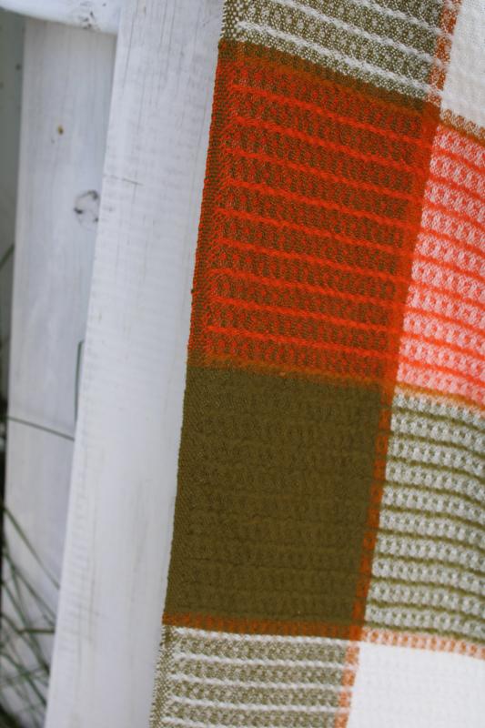 vintage wool throw blanket, fringed woven checked squares in brown & pumpkin orange
